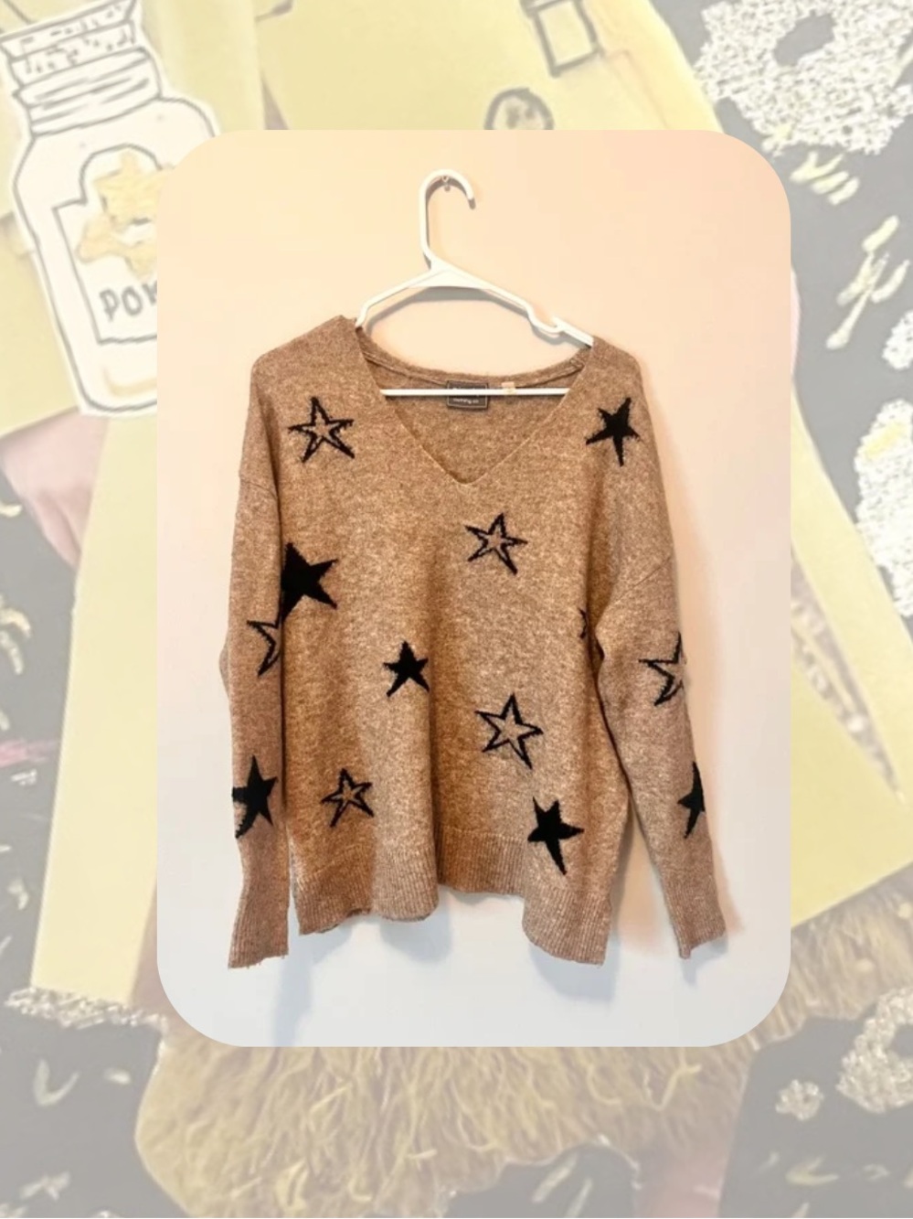 Ninety Clothing Co. Tan Cozy V-Neck Lightweight Sweater with Black Stars